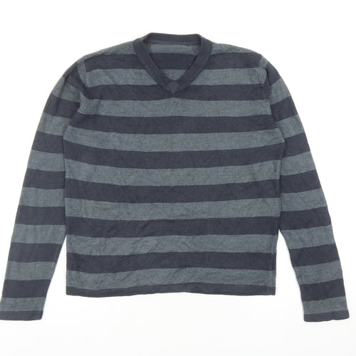 Marks and Spencer Boys Grey V-Neck Striped Acrylic Pullover Jumper Size 11-12 Years Pullover