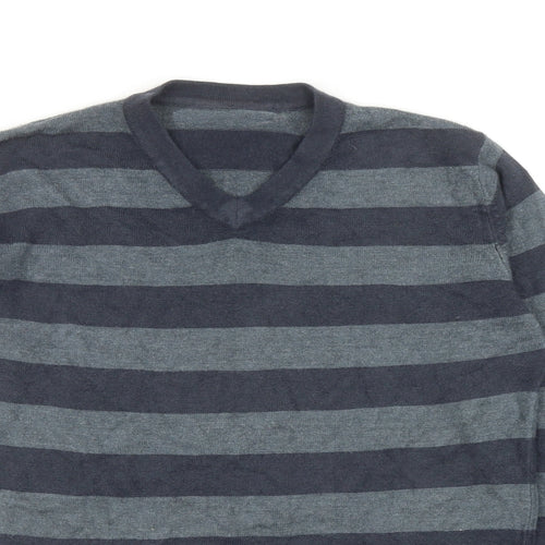 Marks and Spencer Boys Grey V-Neck Striped Acrylic Pullover Jumper Size 11-12 Years Pullover