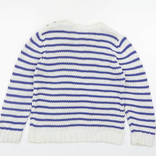 Marks and Spencer Boys Blue Round Neck Striped Cotton Pullover Jumper Size 11-12 Years Button