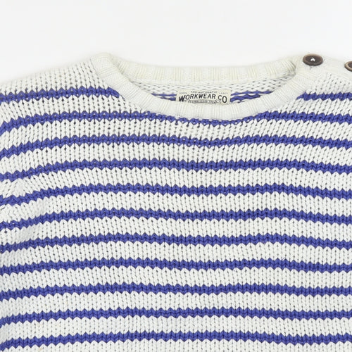 Marks and Spencer Boys Blue Round Neck Striped Cotton Pullover Jumper Size 11-12 Years Button
