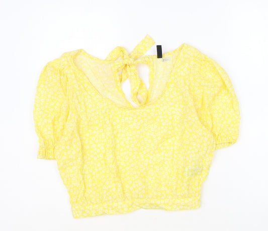 H&M Womens Yellow Floral Viscose Cropped Blouse Size 8 Scoop Neck