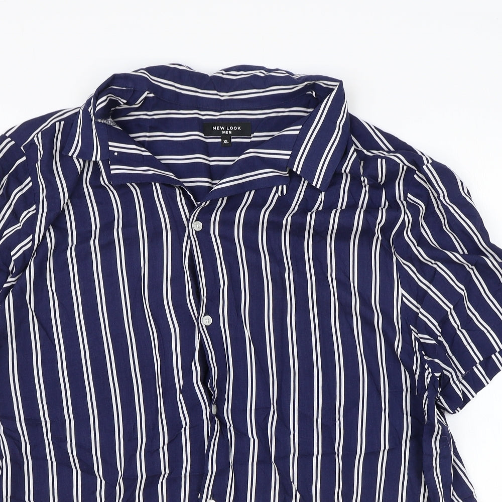 New Look Mens Blue Striped Viscose Button-Up Size XL Collared Button