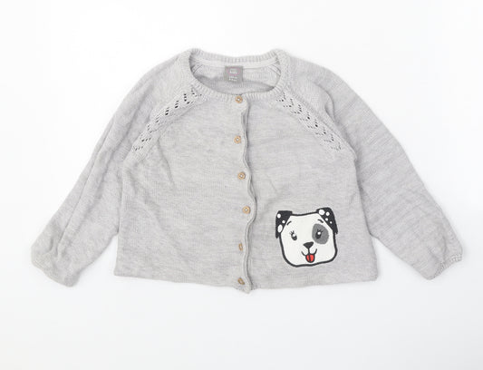 Little Kids Girls Grey Round Neck 100% Cotton Cardigan Jumper Size 3-4 Years Button - Dog Detail