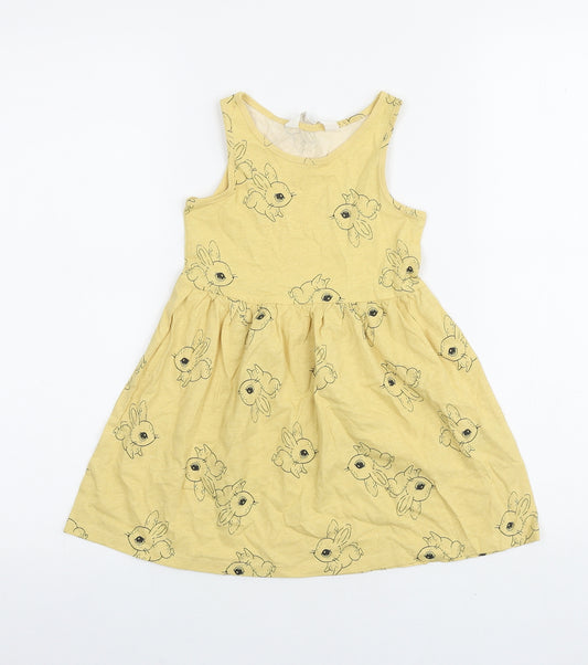 H&M Girls Yellow Geometric 100% Cotton T-Shirt Dress Size 3-4 Years Round Neck Pullover - Rabbits
