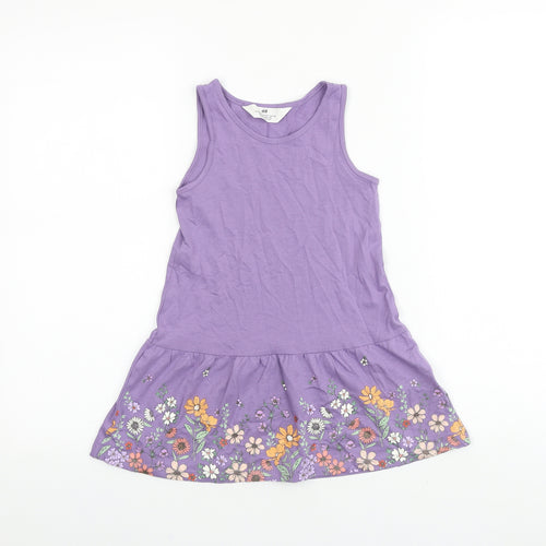 H&M Girls Purple 100% Cotton T-Shirt Dress Size 3-4 Years Round Neck Pullover - Floral