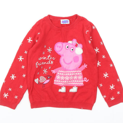 George Girls Red Round Neck Cotton Pullover Jumper Size 2-3 Years Pullover - Peppa Pig Christmas