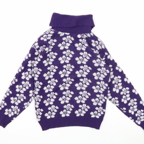 Preworn Girls Purple Roll Neck Floral Acrylic Pullover Jumper Size 11-12 Years Pullover