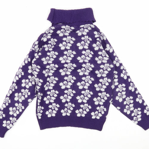 Preworn Girls Purple Roll Neck Floral Acrylic Pullover Jumper Size 11-12 Years Pullover