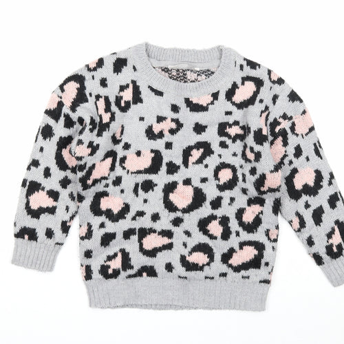 PEP&CO Girls Grey Round Neck Animal Print Acrylic Pullover Jumper Size 5-6 Years Pullover - Leopard Print