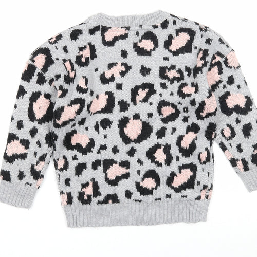 PEP&CO Girls Grey Round Neck Animal Print Acrylic Pullover Jumper Size 5-6 Years Pullover - Leopard Print