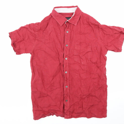 Azmorr Mens Red Linen Button-Up Size M Collared Button