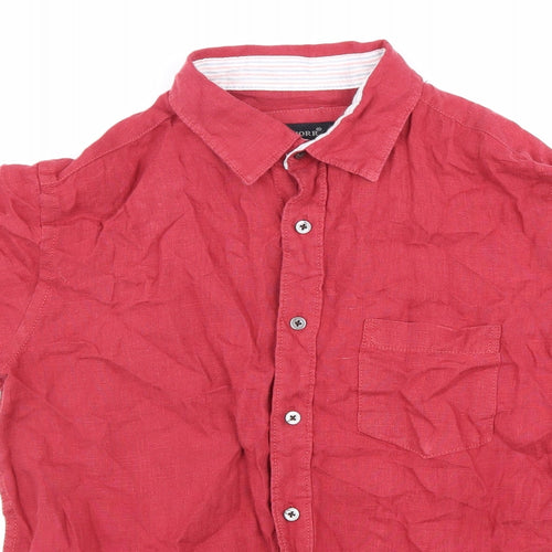 Azmorr Mens Red Linen Button-Up Size M Collared Button