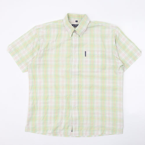 Ben Sherman Mens Green Plaid Polyester Button-Up Size M Collared Button