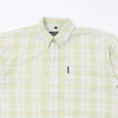 Ben Sherman Mens Green Plaid Polyester Button-Up Size M Collared Button