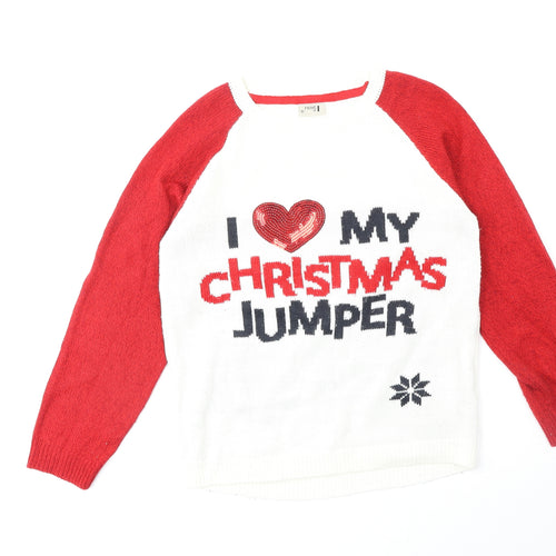 NEXT Girls Red Round Neck Acrylic Pullover Jumper Size 13 Years Pullover - Christmas