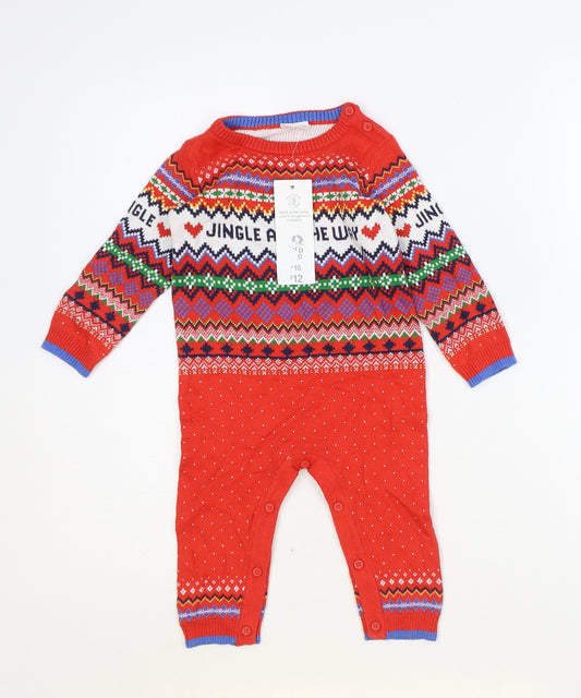 Fred & Flo Baby Red Geometric 100% Cotton Romper One-Piece Size 9-12 Months Button - Christmas
