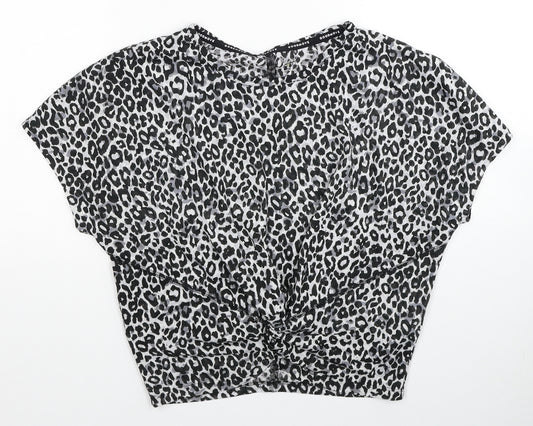 Marks and Spencer Womens Black Animal Print Polyester Basic T-Shirt Size 8 Scoop Neck Pullover - Knot Front Detail