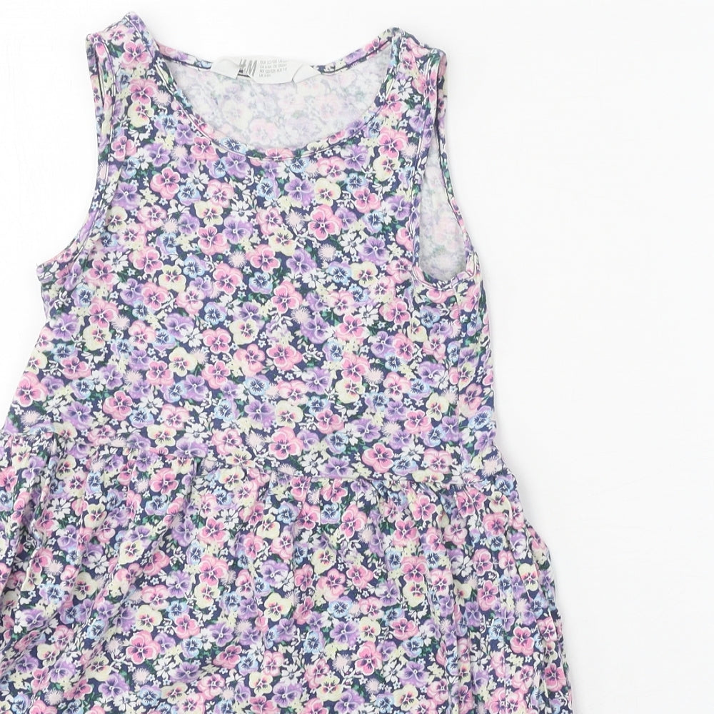 H&M Girls Purple Floral 100% Cotton T-Shirt Dress Size 6-7 Years Round Neck Pullover