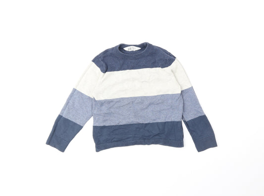 H&M Boys Blue Round Neck Striped 100% Cotton Pullover Jumper Size 5-6 Years Pullover