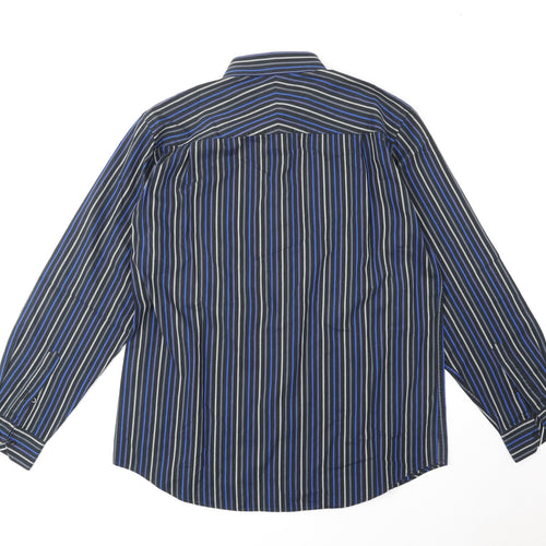 Thomas Nash Mens Blue Striped Polyester Dress Shirt Size M Collared Button