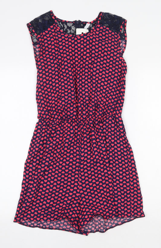 By Henry Holland Womens Red Geometric Viscose Playsuit One-Piece Size 8 Zip - Heart Pattern
