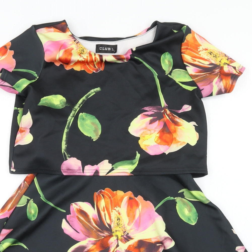 Club L Womens Black Floral Polyester Fit & Flare Size L Scoop Neck Pullover - Overlay
