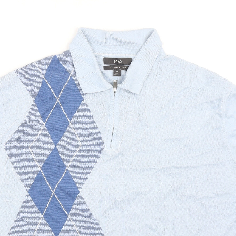 Marks and Spencer Mens Blue Argyle/Diamond Cotton Polo Size 2XL Collared Zip