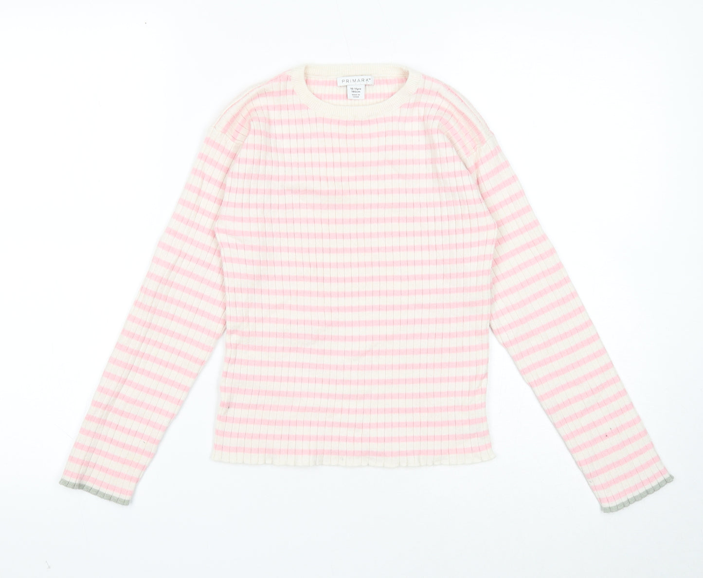 Primark Girls White Round Neck Striped Polyester Pullover Jumper Size 10-11 Years Pullover