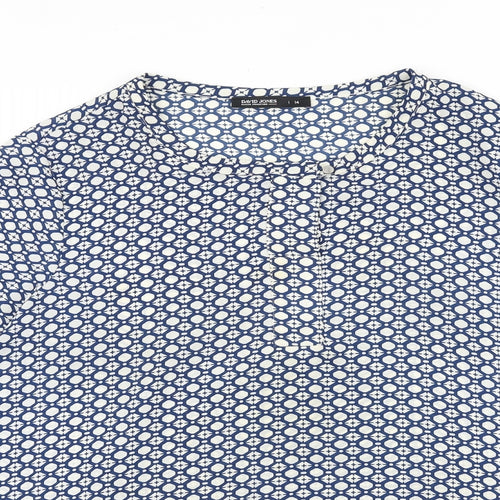 David Jones Womens Blue Geometric Polyester Basic Blouse Size 14 Round Neck