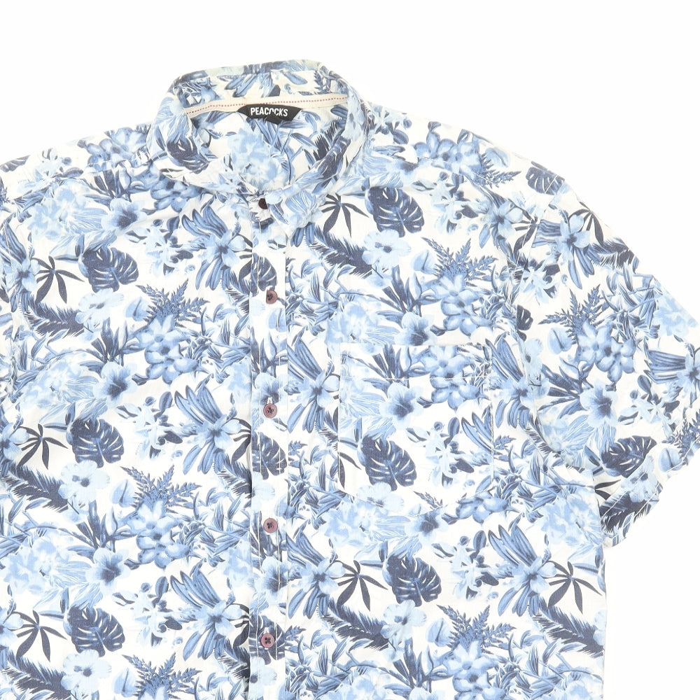 Peacocks Mens Blue Floral Cotton Button-Up Size L Collared Button