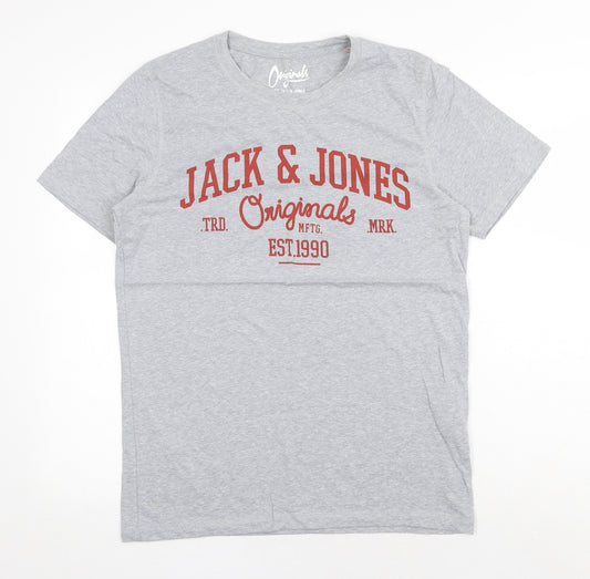 JACK & JONES Mens Grey Polyester T-Shirt Size S Round Neck