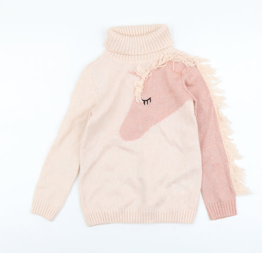 H&M Girls Pink Roll Neck Acrylic Pullover Jumper Size 8-9 Years Pullover - Unicorn