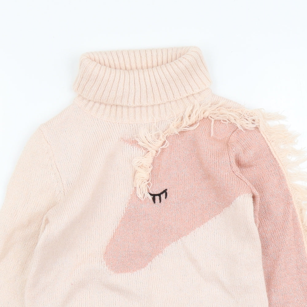 H&M Girls Pink Roll Neck Acrylic Pullover Jumper Size 8-9 Years Pullover - Unicorn