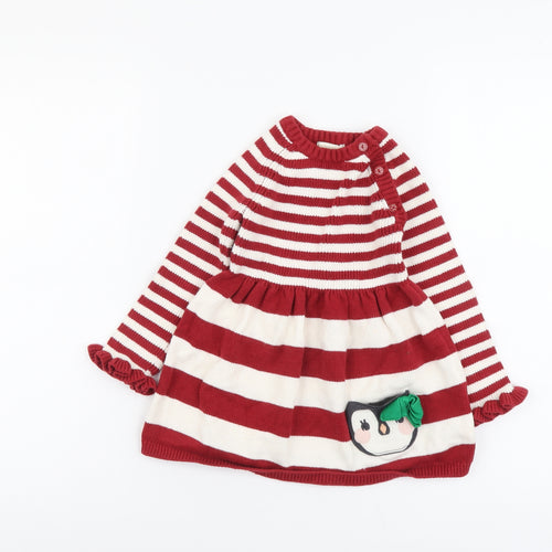 Cynthia Rowley Girls Red Striped Cotton Jumper Dress Size 2-3 Years Round Neck Button