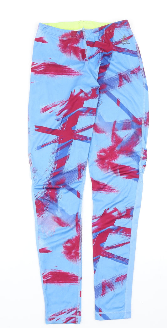 Reebok Womens Blue Geometric Polyester Compression Leggings Size XS Regular Pullover