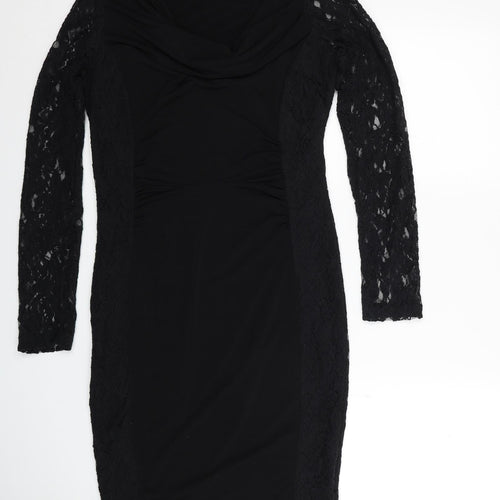 Savoir Womens Black Polyester Bodycon Size 10 Cowl Neck Pullover - Lace Sleeves