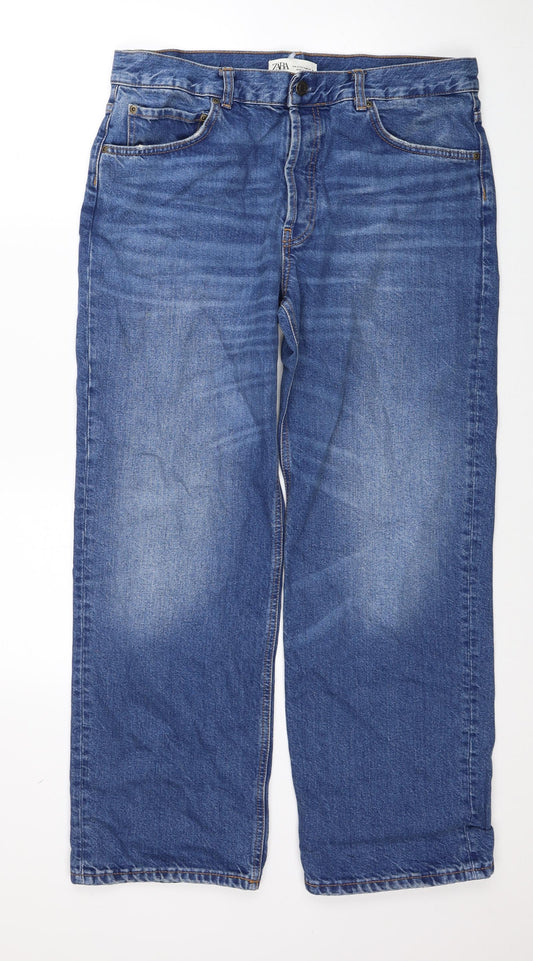 Zara Mens Blue Herringbone Cotton Straight Jeans Size 36 in Regular Button