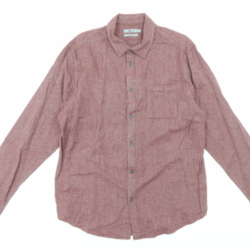 TU Mens Red Cotton Button-Up Size L Collared Button