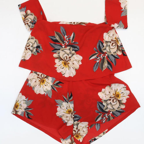 Missguided Womens Red Floral Polyester Blend Playsuit One-Piece Size 4 Zip