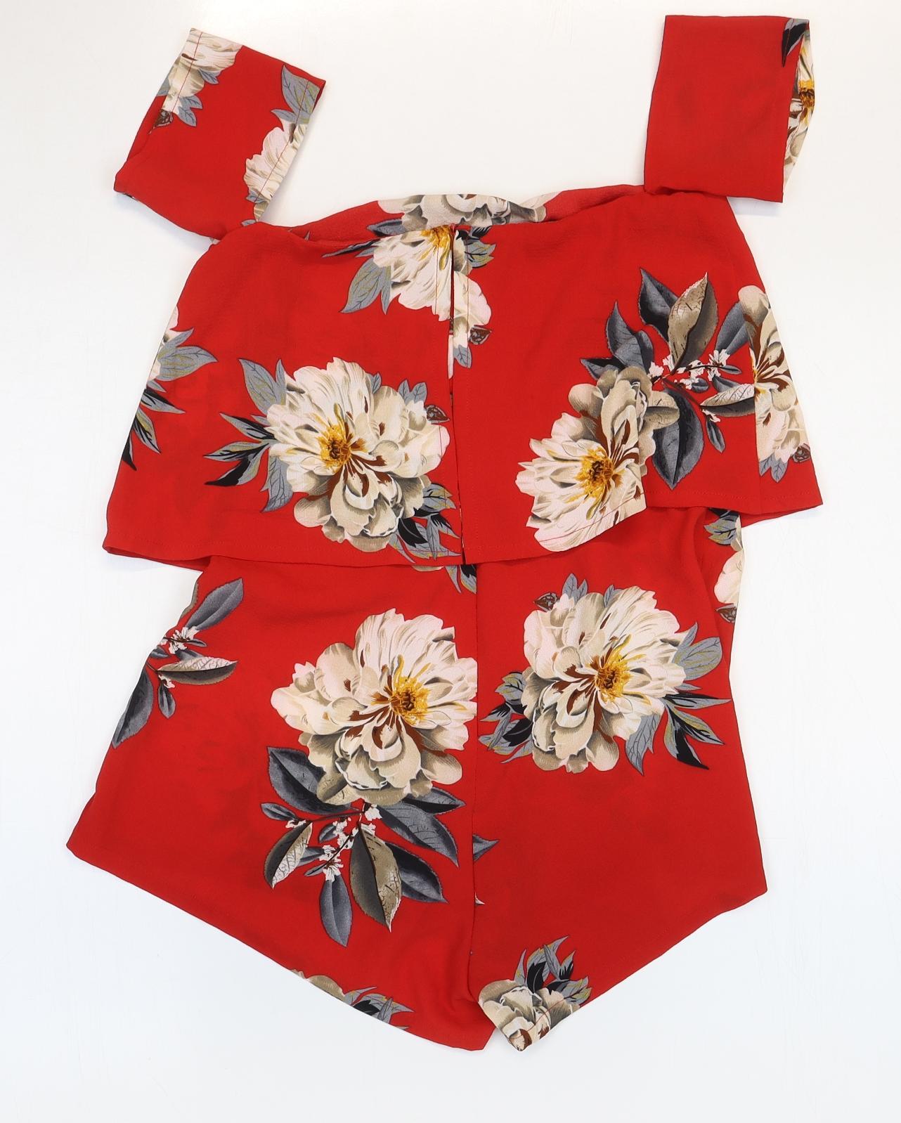 Missguided Womens Red Floral Polyester Blend Playsuit One-Piece Size 4 Zip