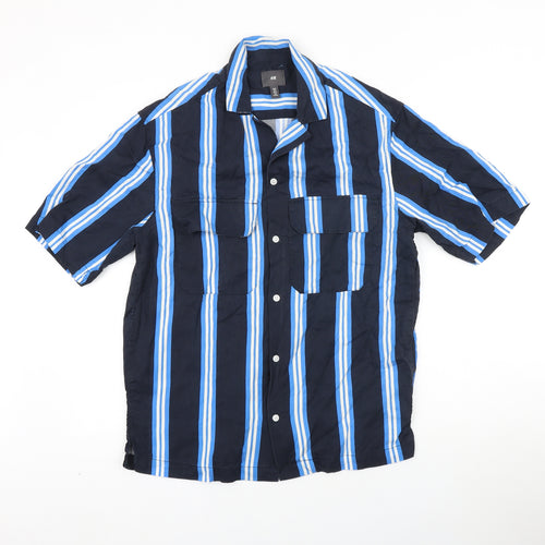 H&M Mens Blue Striped Lyocell Button-Up Size S Collared Button