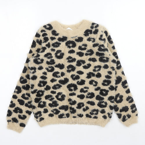 Marks and Spencer Girls Brown Round Neck Animal Print Acrylic Pullover Jumper Size 11-12 Years Pullover - Leopard print