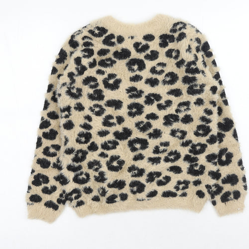 Marks and Spencer Girls Brown Round Neck Animal Print Acrylic Pullover Jumper Size 11-12 Years Pullover - Leopard print