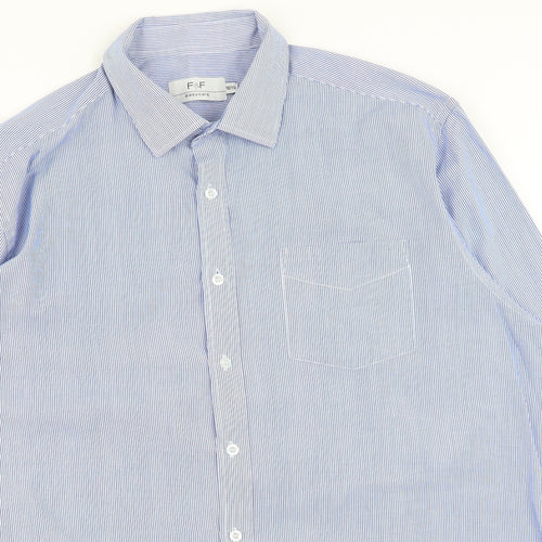 F&F Mens Blue Striped Polyester Dress Shirt Size 16.5 Collared Button