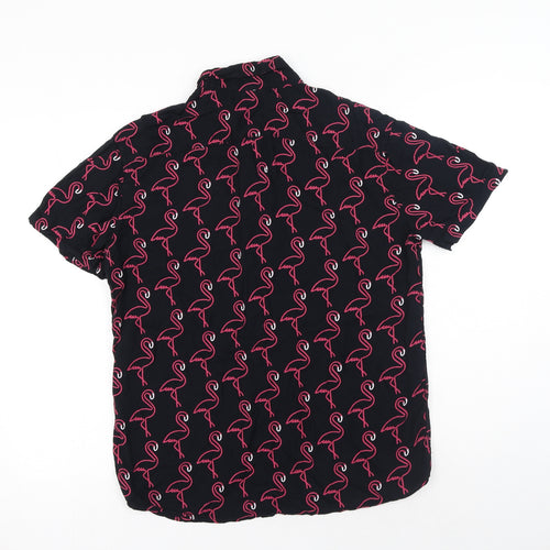 Wezc Mens Black Geometric Cotton Button-Up Size S Collared Button - Flamingo Pattern