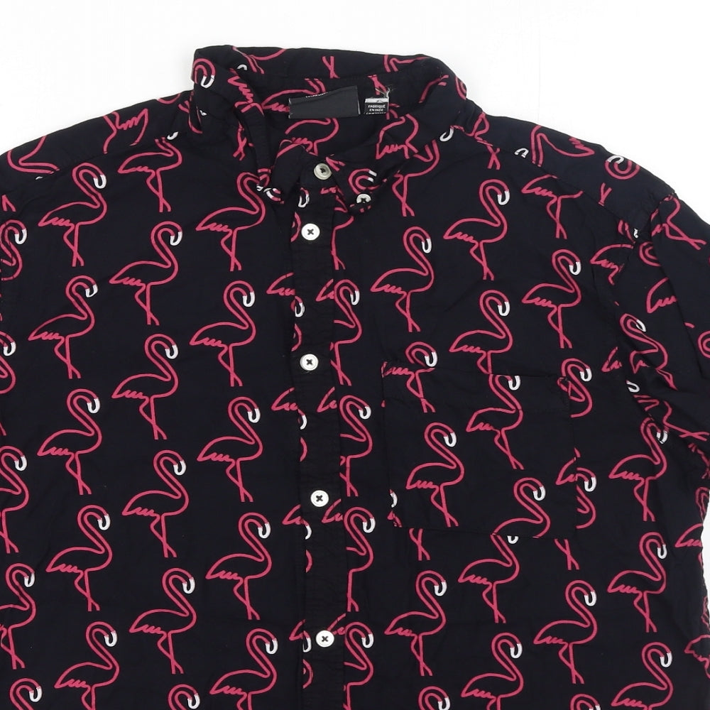 Wezc Mens Black Geometric Cotton Button-Up Size S Collared Button - Flamingo Pattern