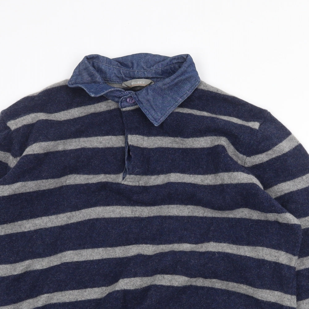 Wolsey Mens Blue Collared Striped Wool Pullover Jumper Size M Long Sleeve - Denim Shirt Collar