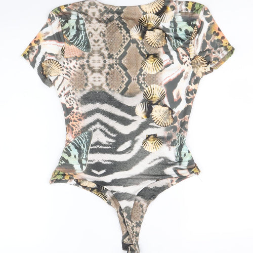 Missguided Womens Multicoloured Animal Print Polyester Bodysuit One-Piece Size 12 Tie