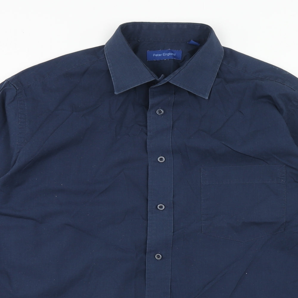 Peter England Mens Blue Cotton Button-Up Size 16.5 Collared Button