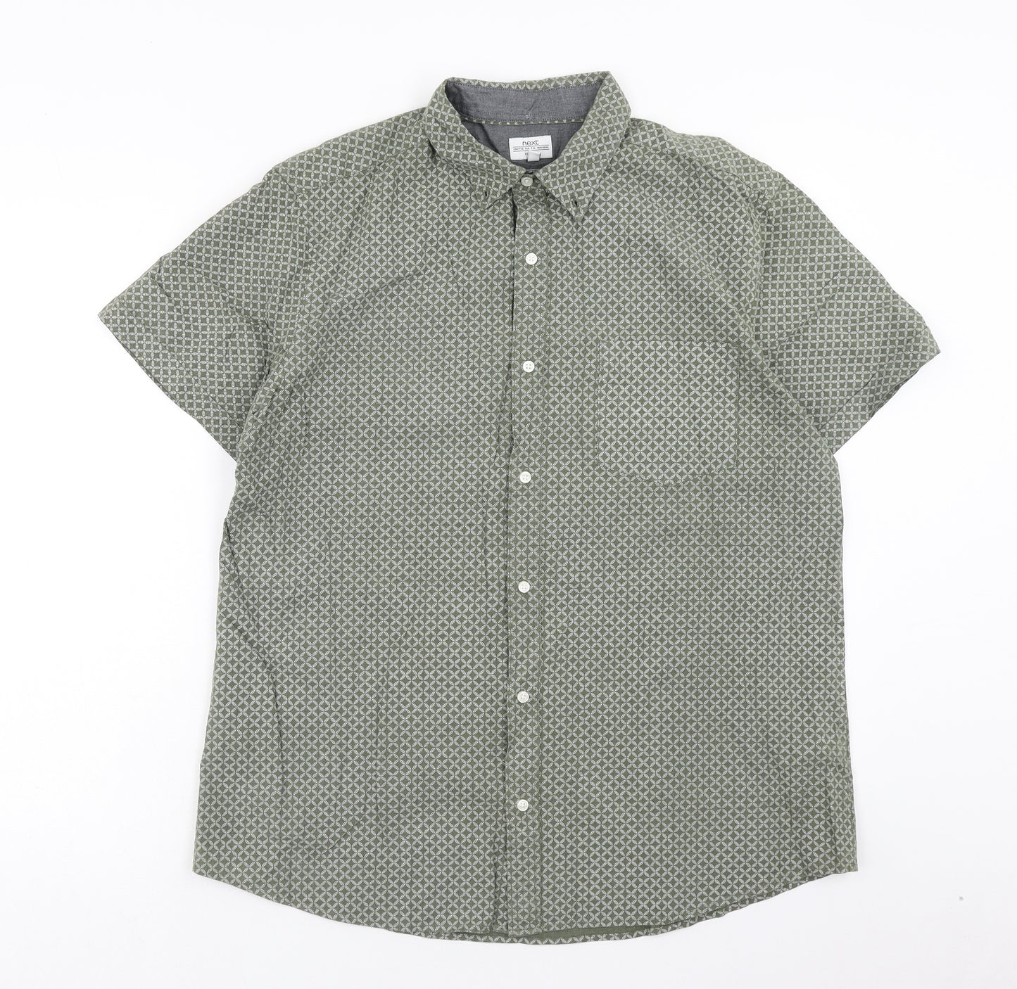 NEXT Mens Green Geometric Cotton Button-Up Size XL Collared Button